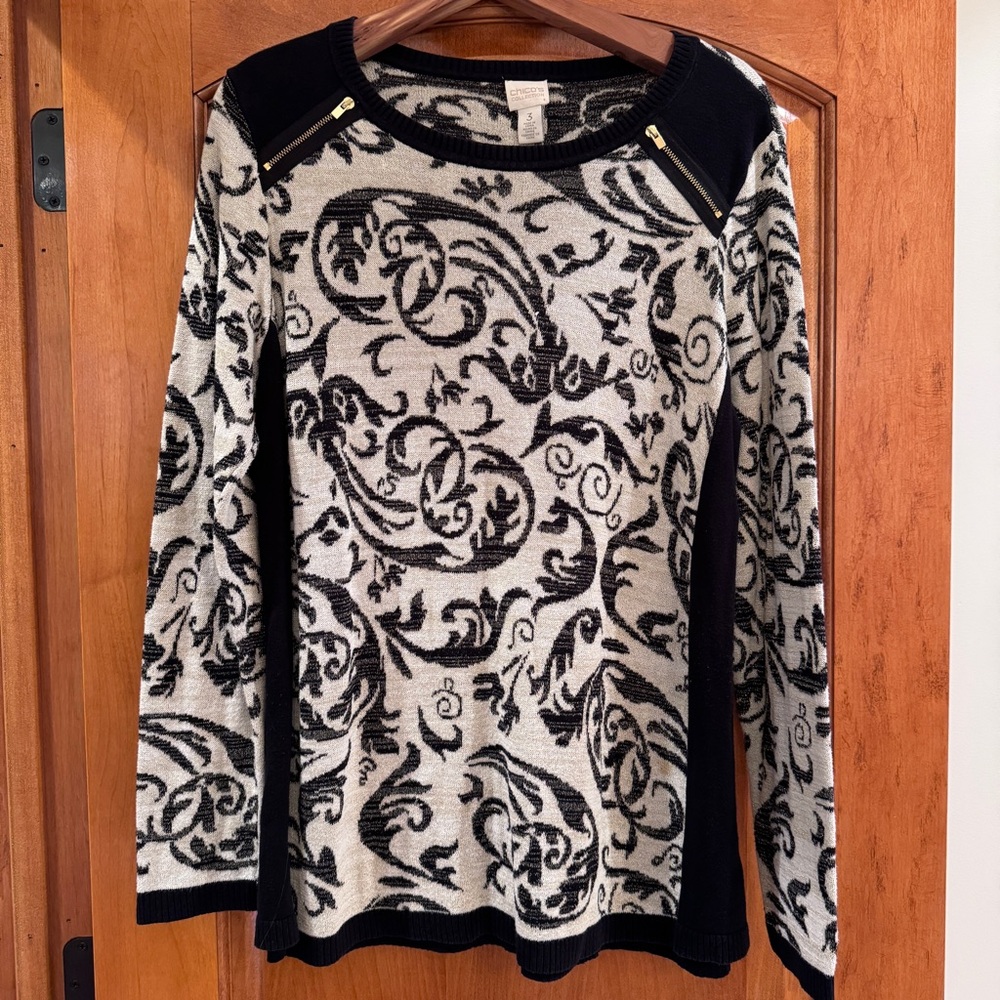Women's Black and Cream Patterned Sweater